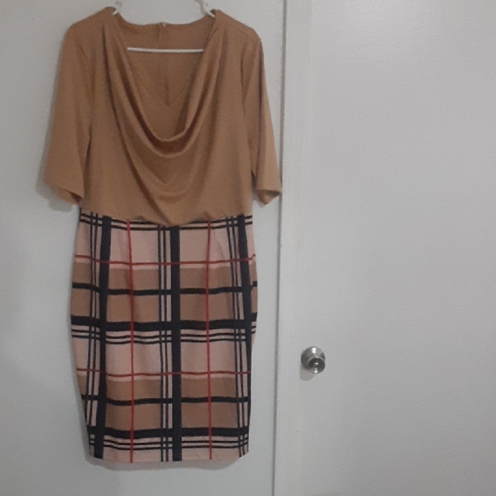 Elegant Tan and Plaid Women's Dress